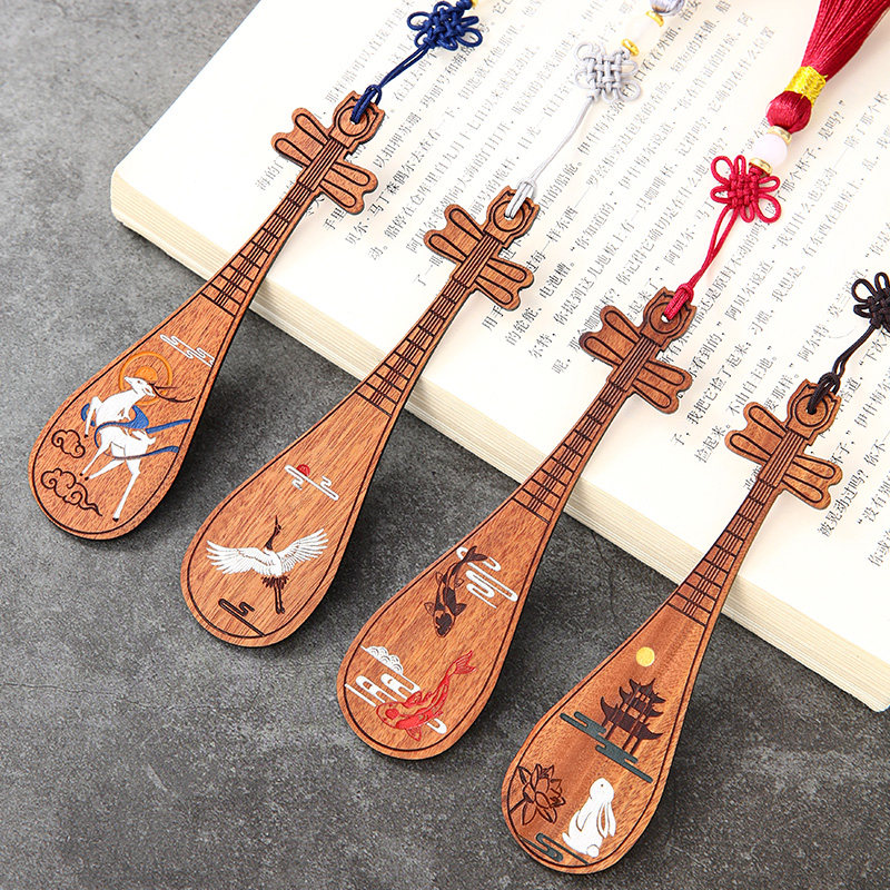 国潮红木彩绘乐器书签高档精致礼盒装定制刻字 古典中国风创意木质故
