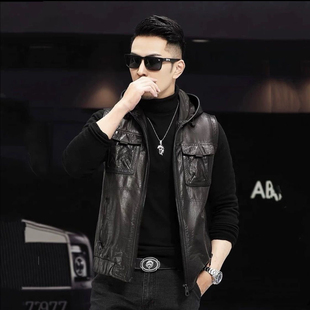 真皮马甲海宁新款男士皮衣小牛皮短款连帽背心机车皮夹克坎肩外套