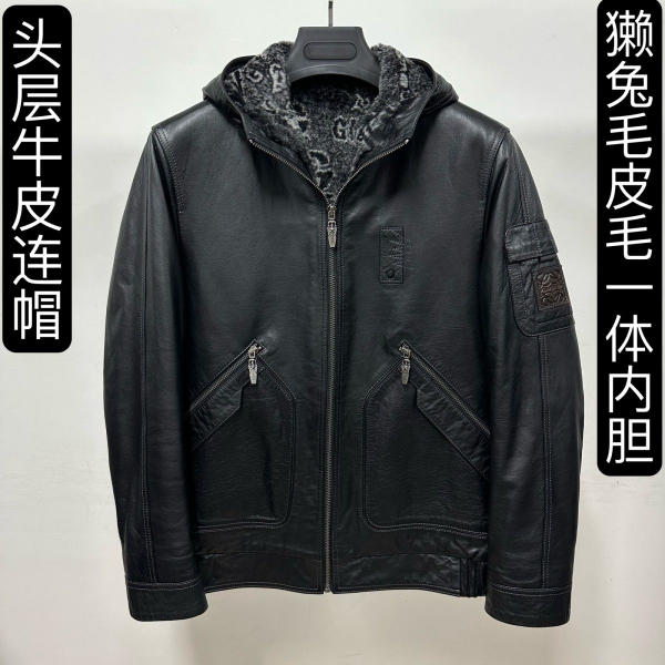 冬季新款真皮皮衣男獭兔毛整皮内胆牛皮夹克连帽短款皮毛一体外套