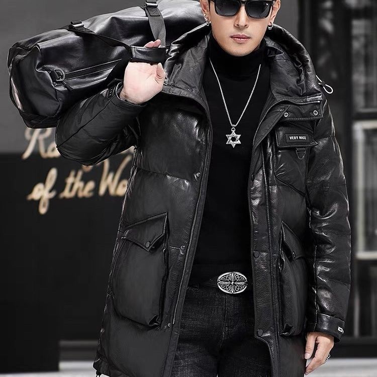 新款真皮羽绒服男头层小牛皮皮衣时尚潮流中长款连帽冬季加厚外套
