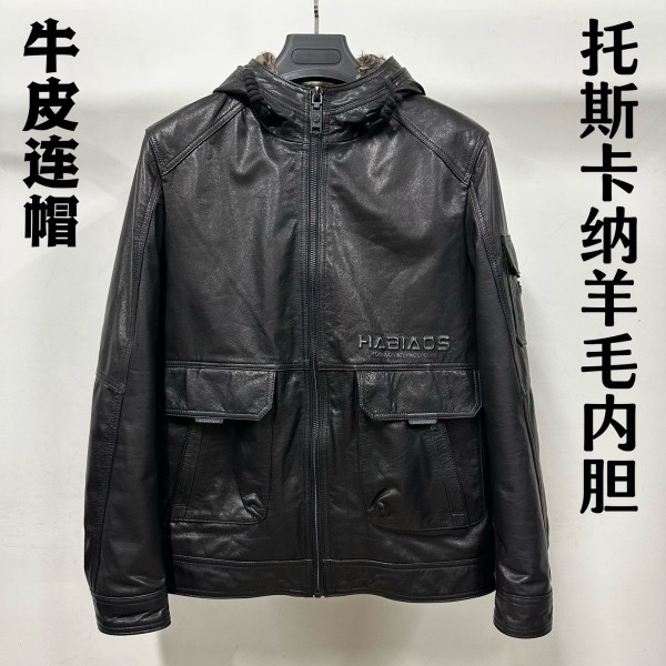 皮毛一体男真皮皮衣牛皮油蜡皮夹克托斯卡纳羊毛内胆连帽冬季外套