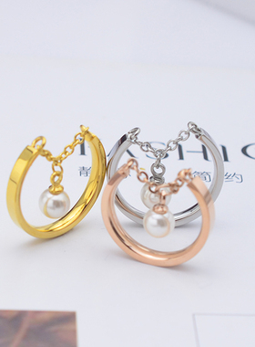 甜美日韩甜美细腻精美礼物名媛风玫瑰金戒指 珍珠吊坠戒指指环