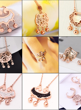 韩版热卖 母贝壳福气长命锁18k彩金玫瑰金项链钛钢铜钱锁骨链