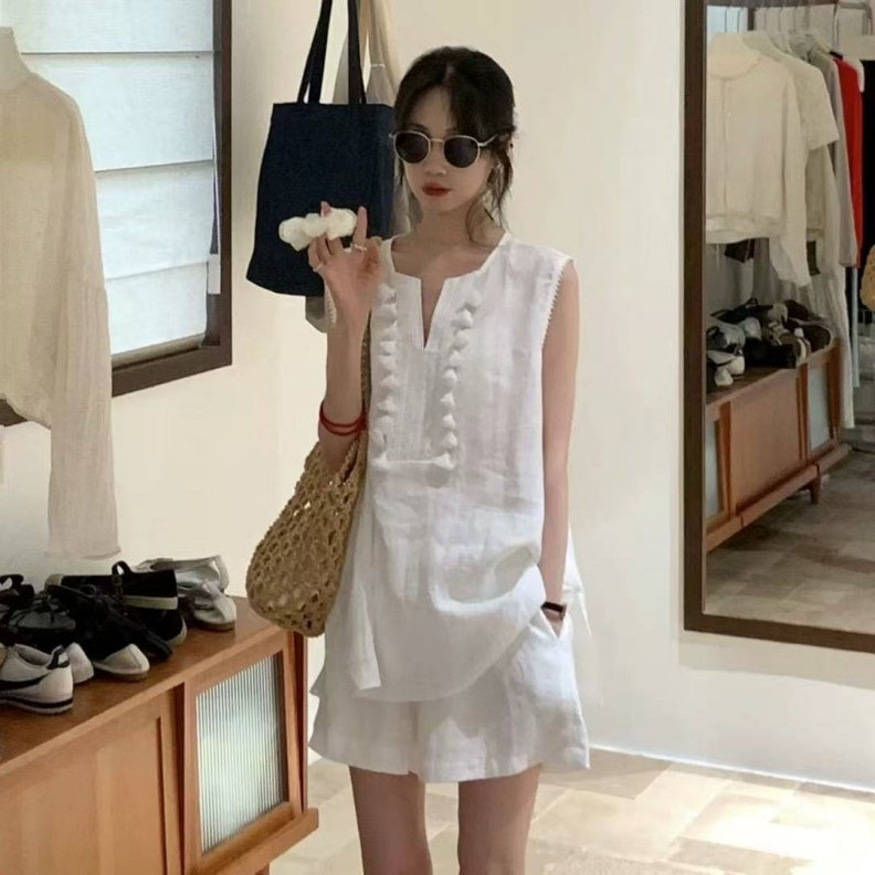 2025夏季新款中式流苏方领棉麻无袖上衣＋高腰直筒短裤两件套装女