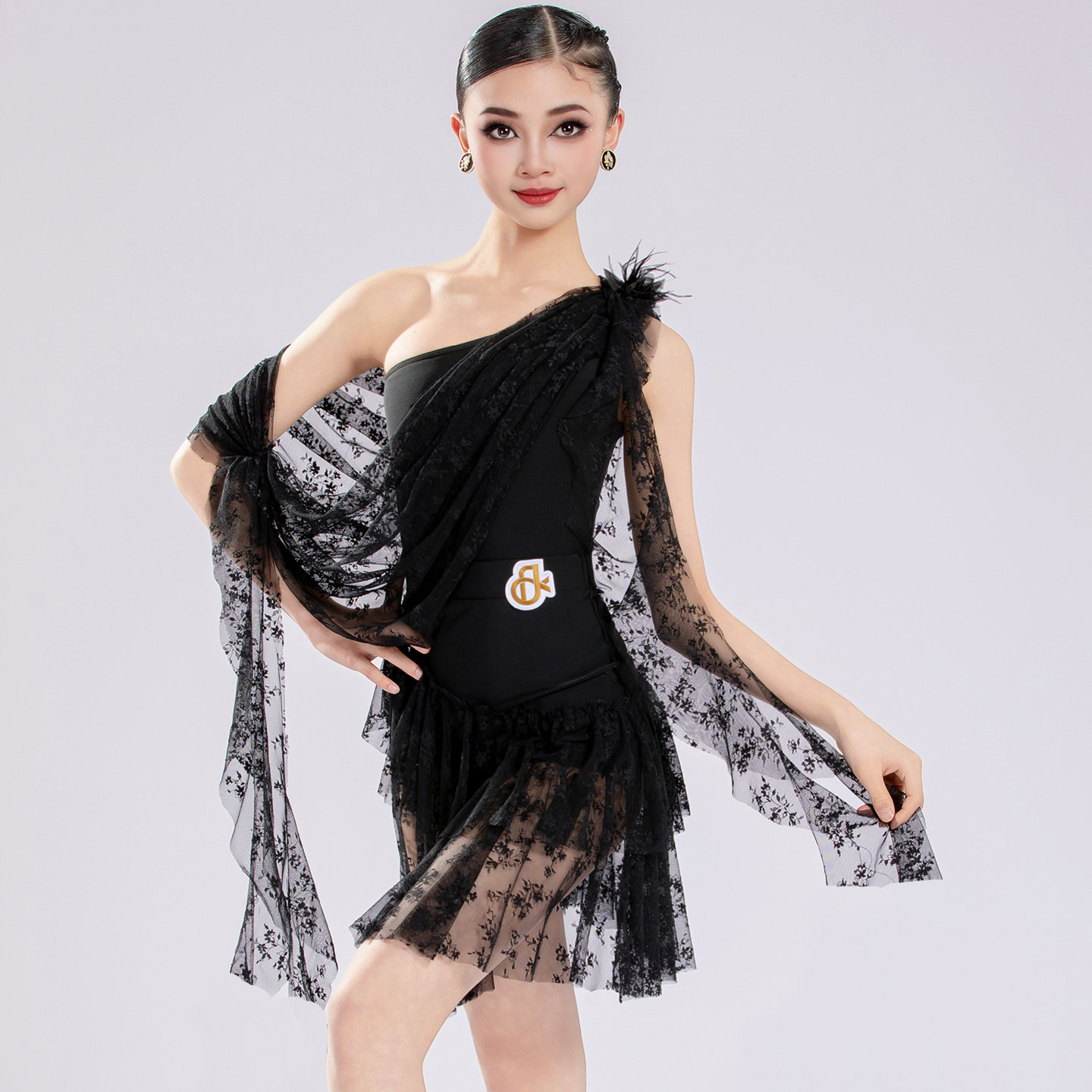 FDK新款拉丁舞服练功服女儿童单肩蕾丝训练服舞台表演比赛裙套装