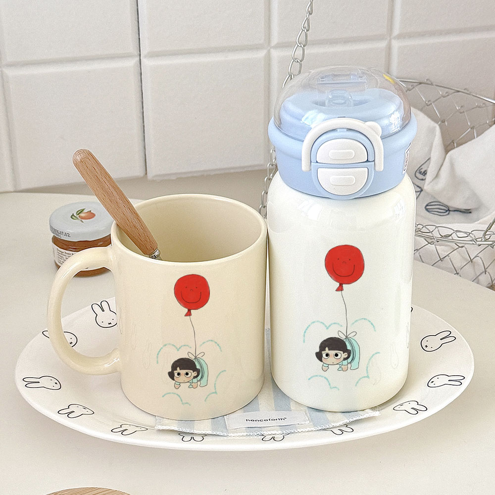 气球女孩の蓝色萌境便携保温水杯双饮盖保温杯 + 马克杯高颜值