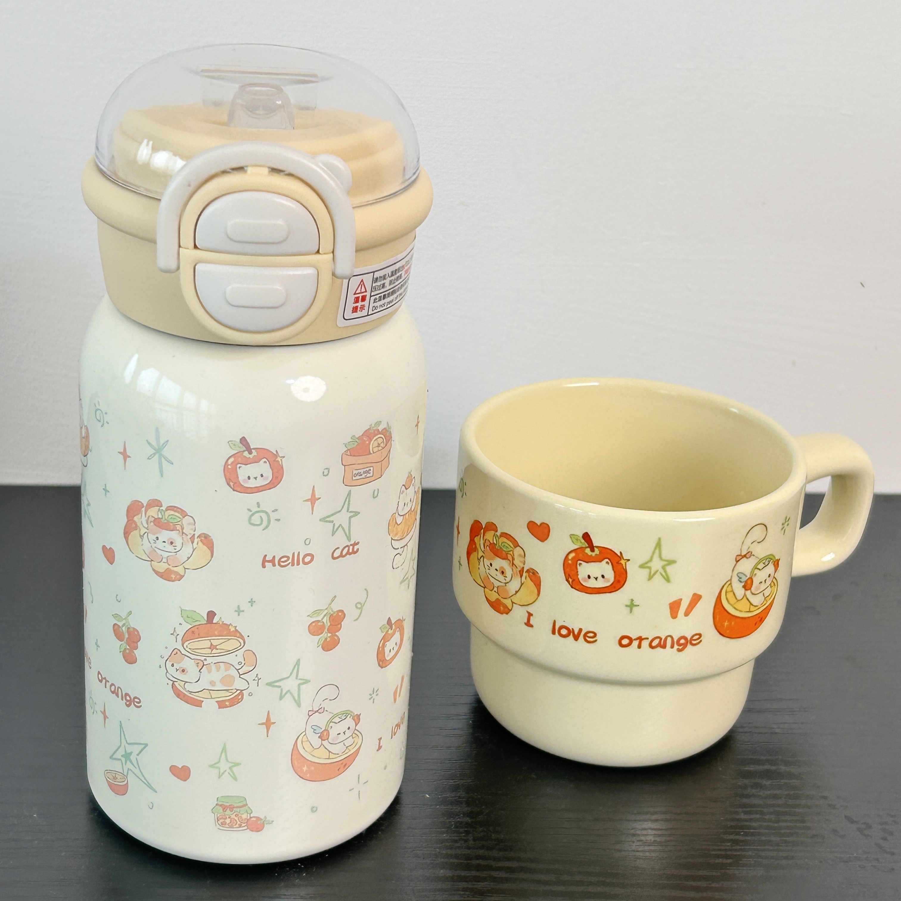 元气满满橘子猫！黄色双饮盖保温杯 + 叠叠杯便携式保温水杯,个性定制/设计服务/DIY,保温杯,淘宝优惠券,粉丝福利购,淘宝优惠卷