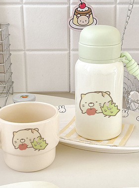 萌系 CP 出击！日系猫咪&小草精灵316双层绿盖提绳保温杯+叠叠杯