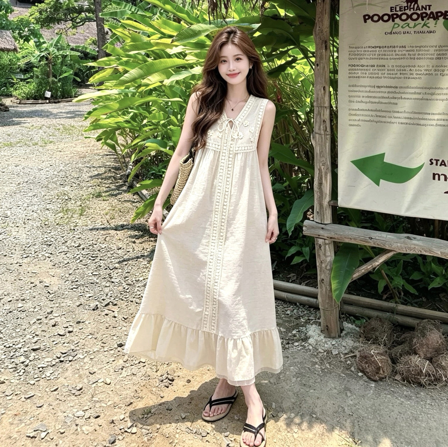 夏季度假风无袖刺绣V领连衣裙