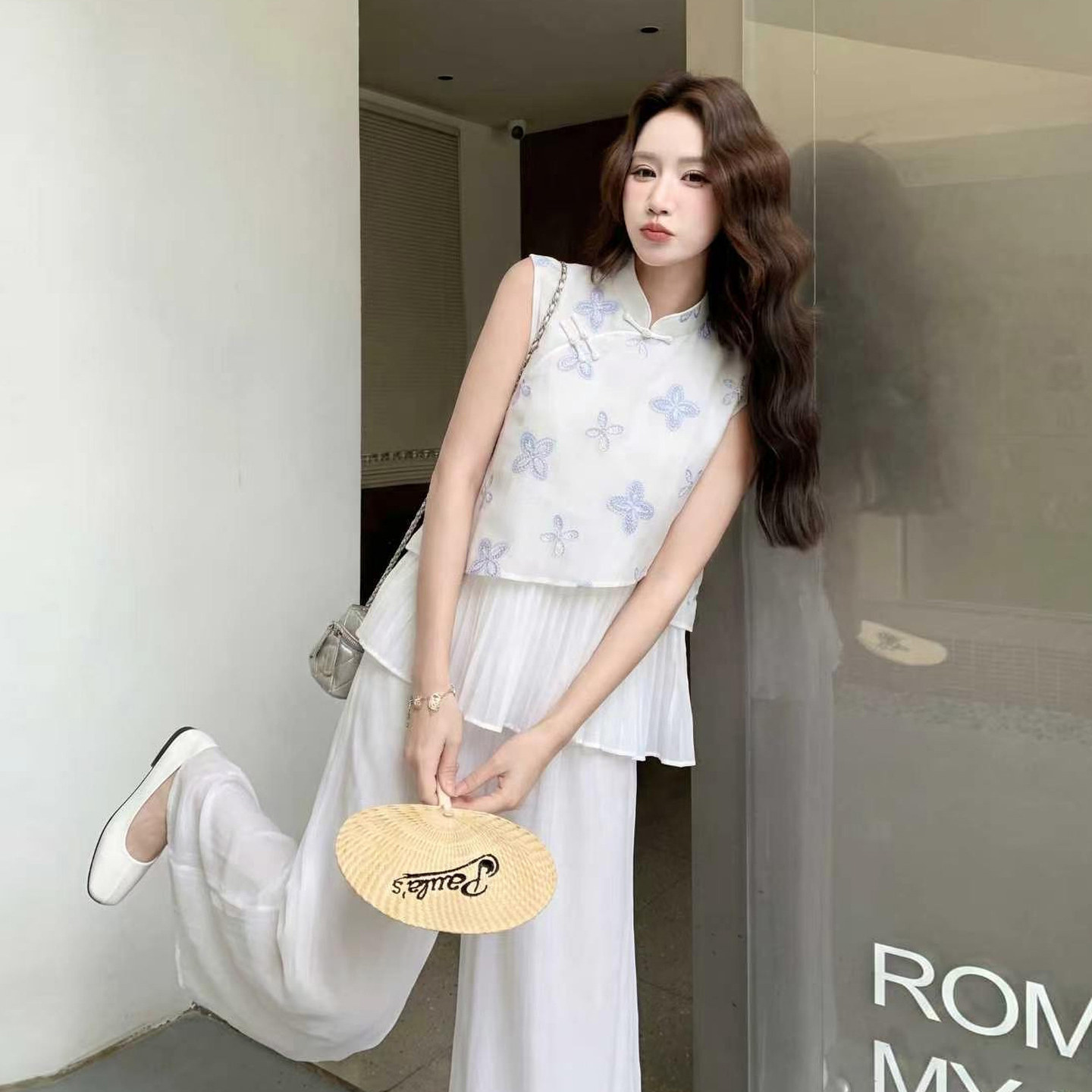 新中式刺绣阔腿裤女夏季套装