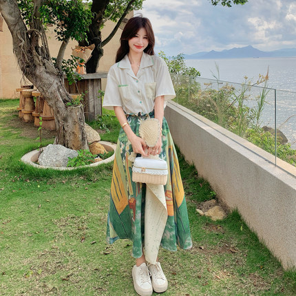 韩系一整套ootd淡人高知独特漂亮夏装两件套衬衫裙连衣裙长裙套装