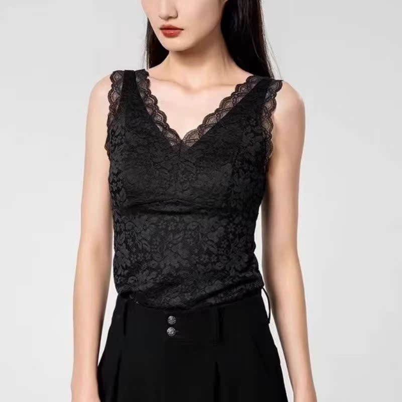 品哥弟新2023春秋新款简约百搭V领性感吊带美背蕾丝背心女打底衫