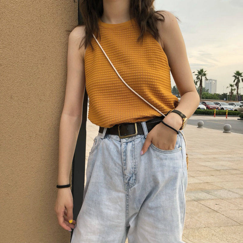 Tnv黑内搭打底宽松无袖短款露肩挂脖吊带背心外穿针织衫上衣女潮