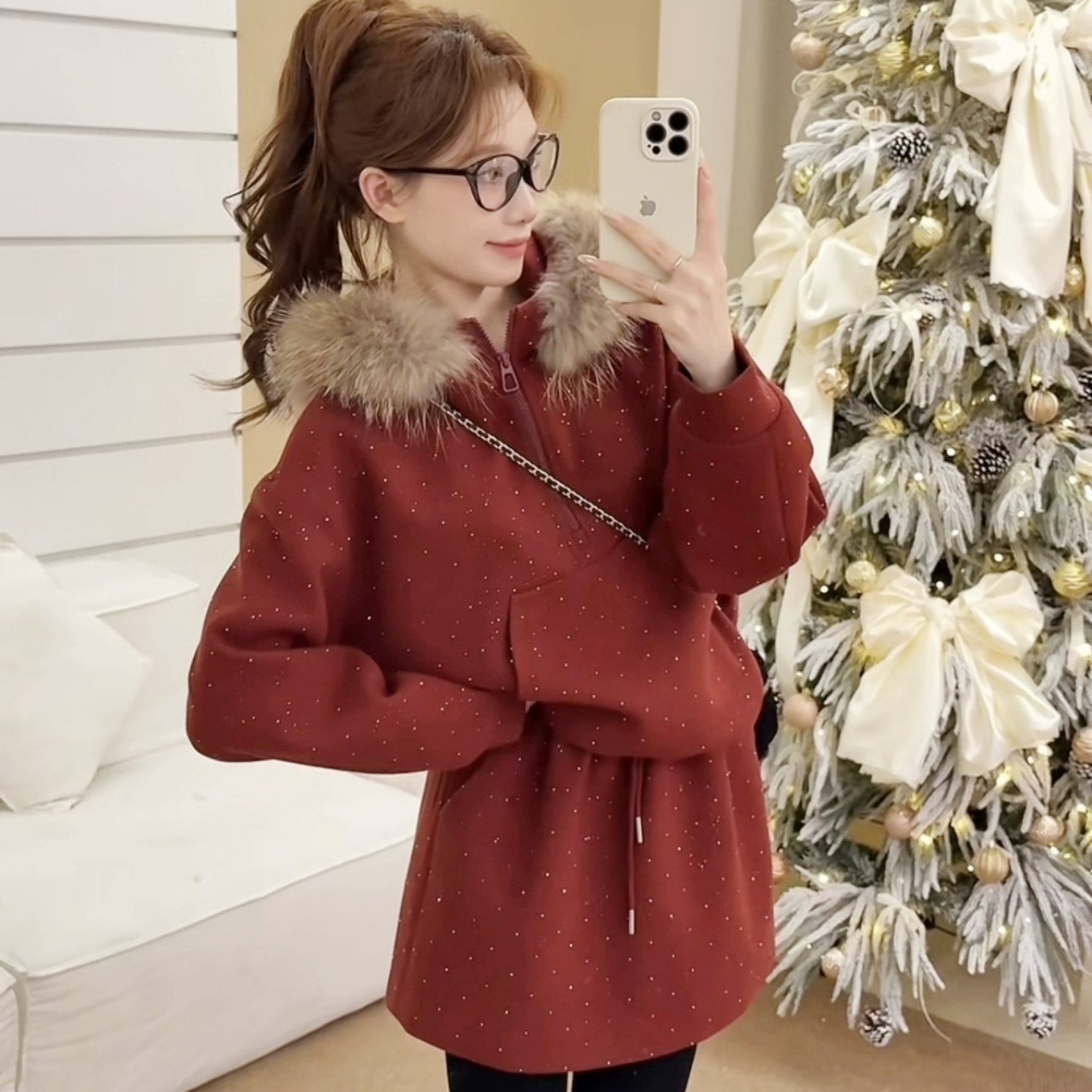 复古圣诞风烫钻宽松大毛领连帽夹棉卫衣+半身裙时髦毛呢两件套女,女装/女士精品,时尚套装,淘宝优惠券,粉丝福利购,淘宝优惠卷