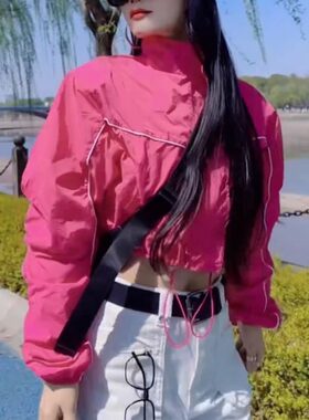 立领明线拼接休闲玫红色防晒衣女