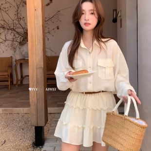 轻熟风松弛感穿搭一整套复古翻领衬衫 高腰蛋糕裙短裙御姐两件套女