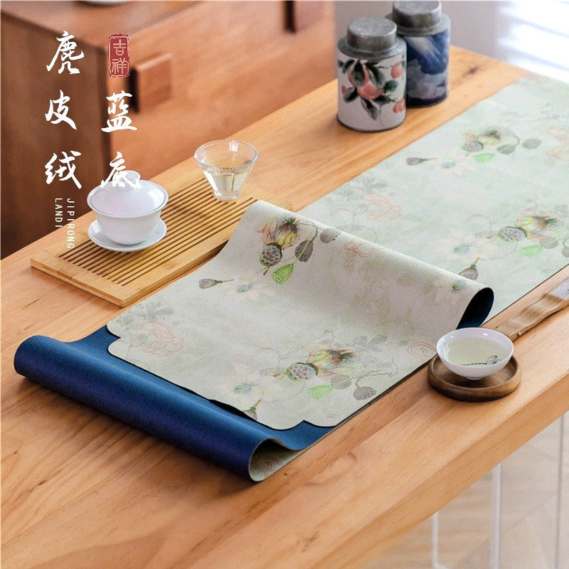 麂皮绒荷花双面防水茶席新中式桌旗茶垫书法茶席家用茶桌布防滑,居家布艺,桌旗,淘宝优惠券,粉丝福利购,淘宝优惠卷