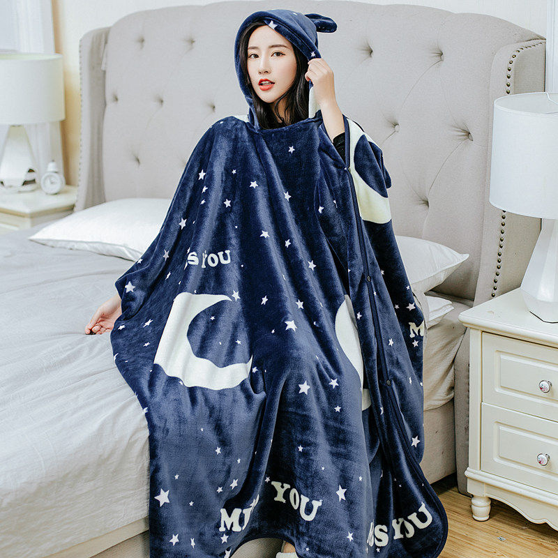 秋冬季加厚珊瑚法兰绒懒人毯披肩披风斗篷办公室午睡空调毛毯休闲