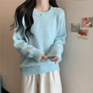 韩版针织衫慵懒纯色慵懒圆领毛衣