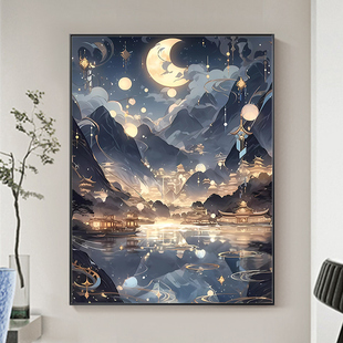 客厅砖石点贴画手工高级感diy十字绣ins 月落星河钻石画2024新款