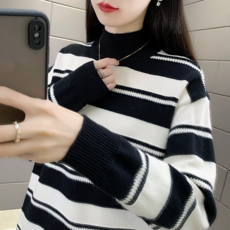 半高领大条纹针织衫宽松上衣秋冬新款保暖打底衫毛衣外套女装长袖,女装/女士精品,毛衣,淘宝优惠券,粉丝福利购,淘宝优惠卷