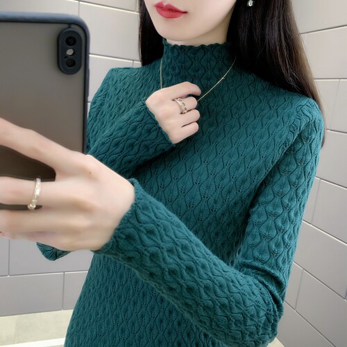 半高领秋冬镂空打底衫女修身毛衣