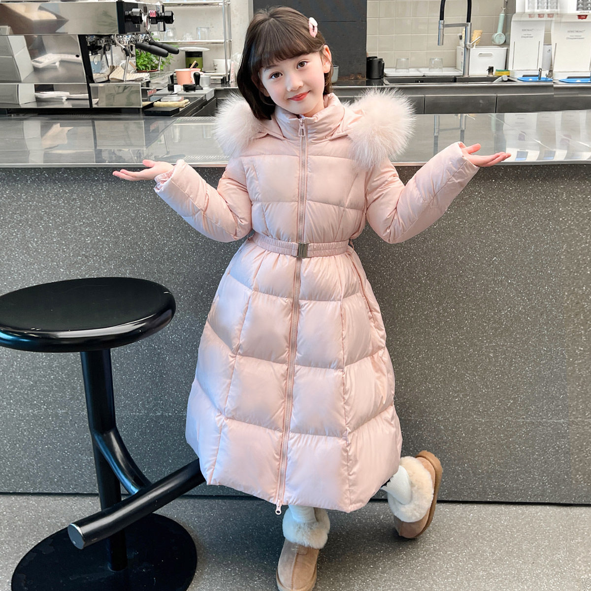 2025冬季女童羽绒棉服加长款新品冬装儿童洋气时尚大毛领收腰棉衣