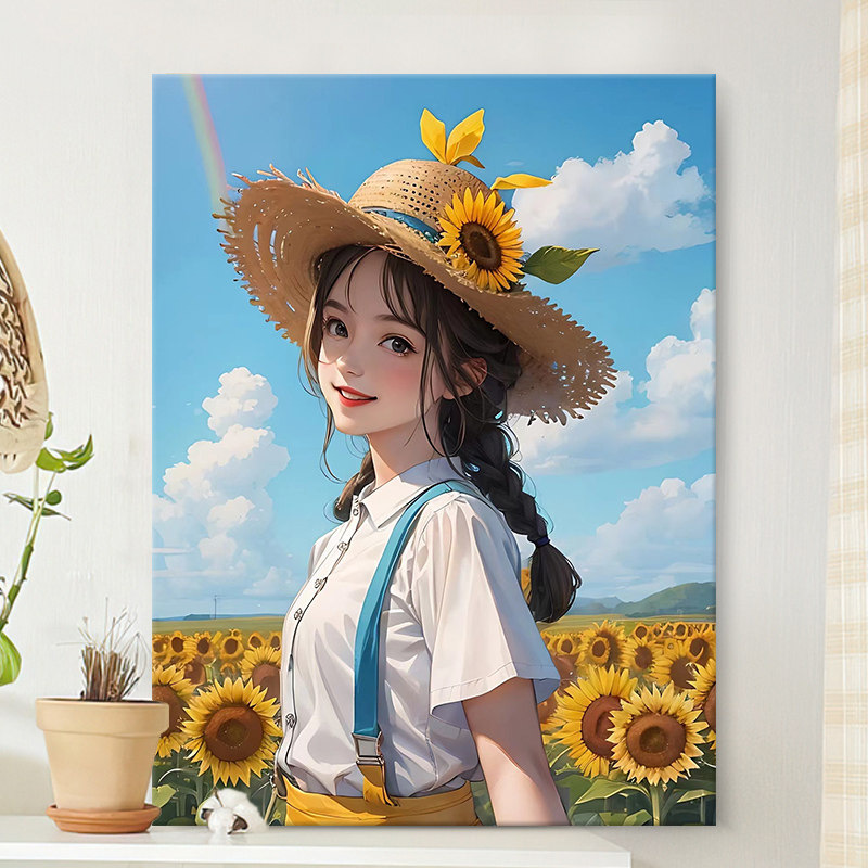 向日葵女孩0基础diy数字油画手绘油彩画丙烯填充治愈减压装饰画
