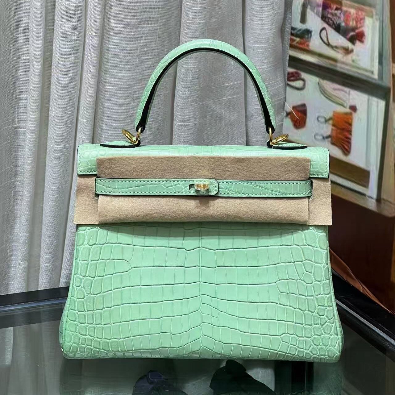 薄荷绿进口尼罗鳄鱼皮女士手提包纯手工女包Kl凯莉25内缝夏季