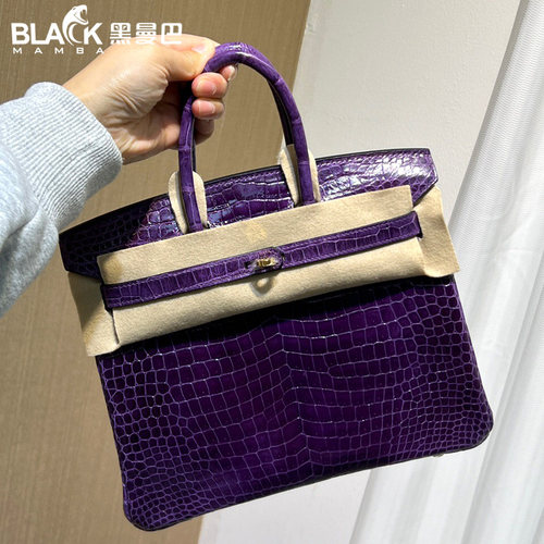 倒V葡萄紫进口湾鳄鳄鱼皮BK铂金包全手工包内缝高档女包奢侈品