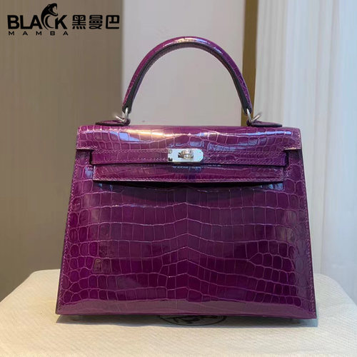 黑曼巴高光尼罗鳄鱼皮KL凯莉包25Cm女士手提包带锁银扣手工葡萄紫