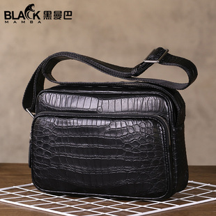 潮时尚 新款 真皮背包 休闲挎包2021夏季 黑曼巴鳄鱼皮单肩包肚皮男士