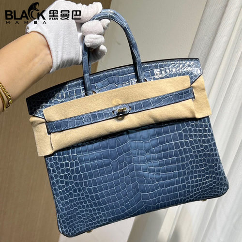 牛仔蓝倒V高光湾鳄鳄鱼皮BK铂金包25CM女士手提包全手工缝金扣