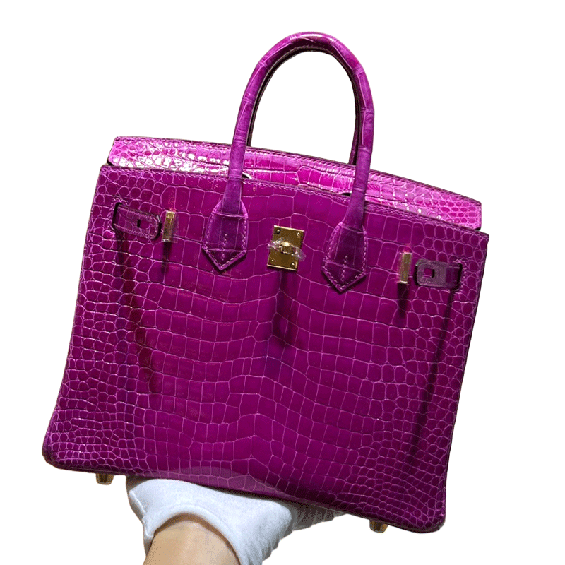 高光湾鳄鳄鱼皮全手工内缝铂金包25CM亮面女士手提包金扣倒V高定