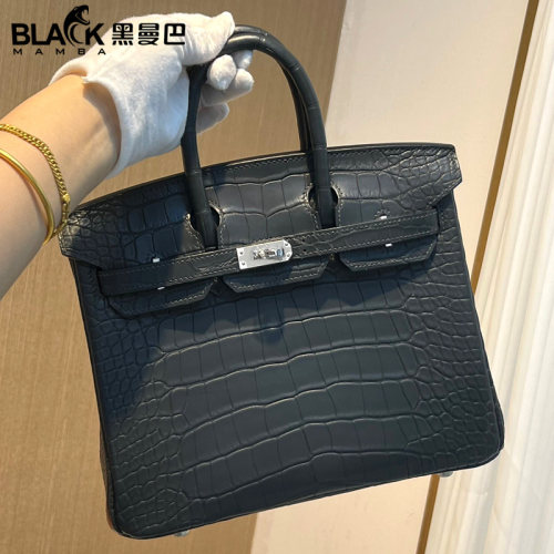 石墨灰雾面美洲鳄鱼皮女士手提包BK铂金包25Cm银扣全手工缝高档