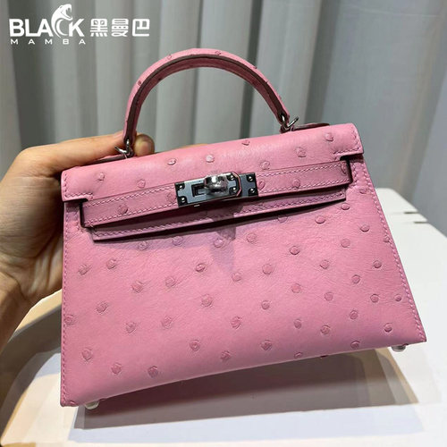 粉色进口鸵鸟皮mini凯莉二代19Cm女士小包包单肩斜挎手工缝时尚