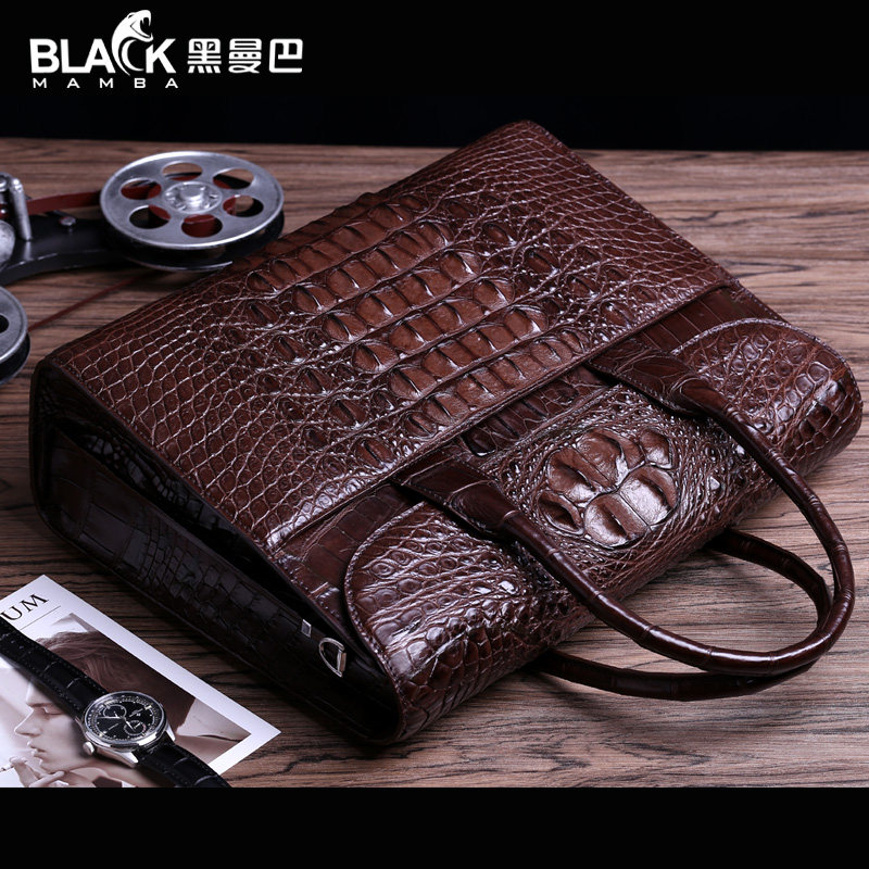 黑曼巴新款手工鱼皮包男士手提包商务公文包时尚全皮真皮单肩横款
