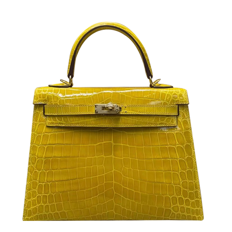 黑曼巴进口尼罗高光鳄鱼皮女包女士手提凯莉包25CM单肩琥珀黄色