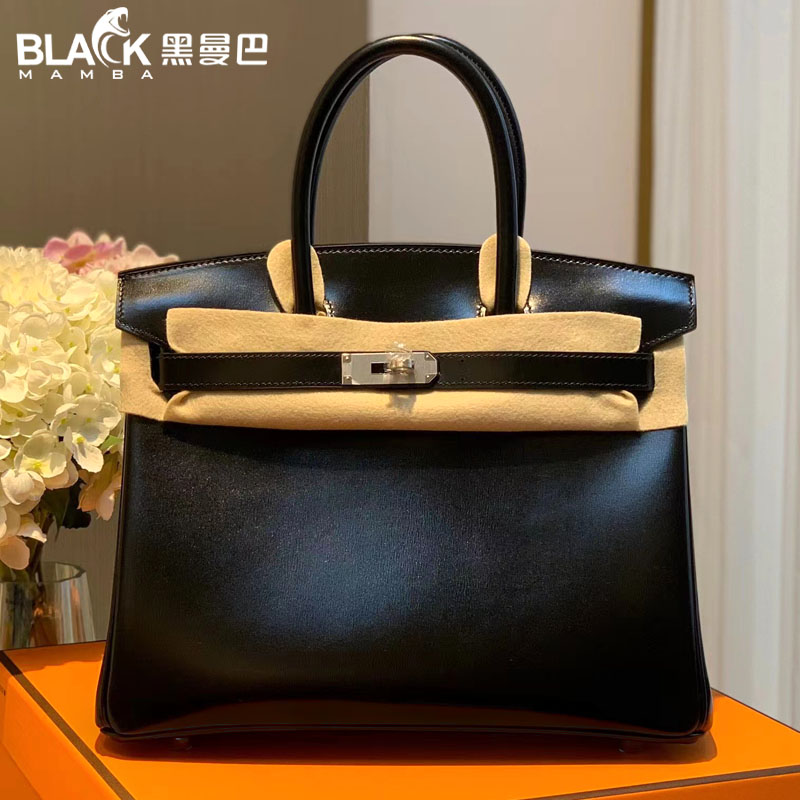 全手工缝银扣BOX BK铂金30CM女士手提包黑色奢侈品女包