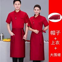 Модная красная черная юбка в складку, фартук, черный берет, короткий рукав