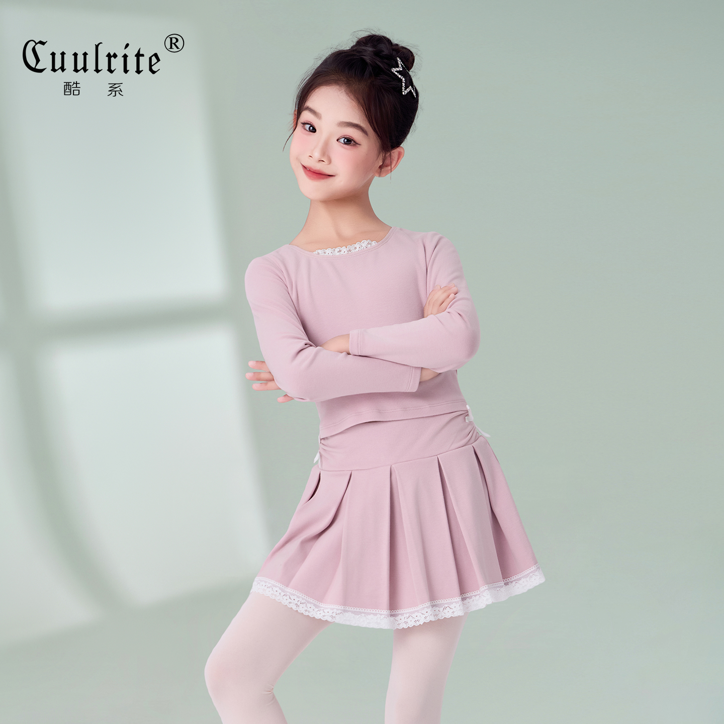 儿童舞蹈服女秋冬长袖上衣女童抓绒短裙运动套装中国舞练功服薄绒