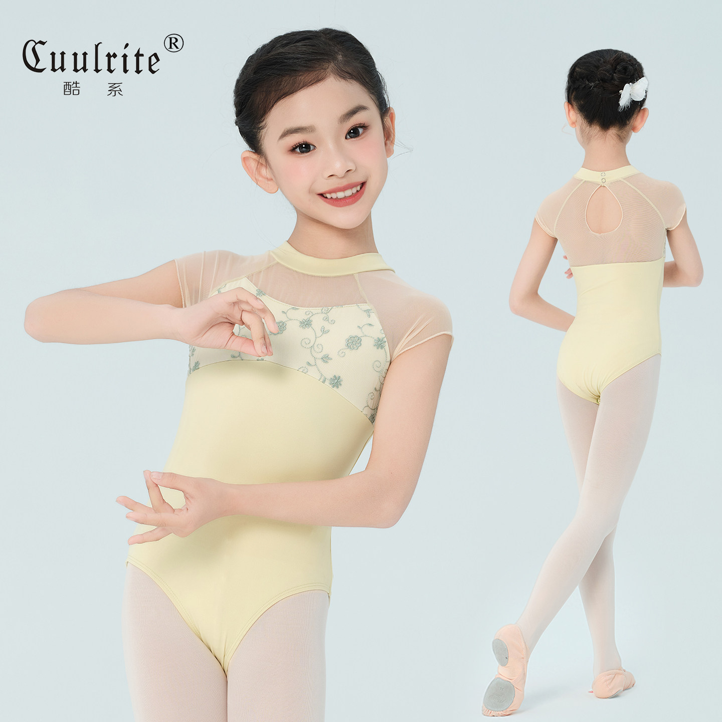 绣花网纱舞蹈服立领短袖练功服图片
