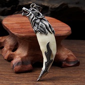 盈月925纯银项链吊坠真獒黑牙狗牙包镶嵌牙套男女士情侣饰品