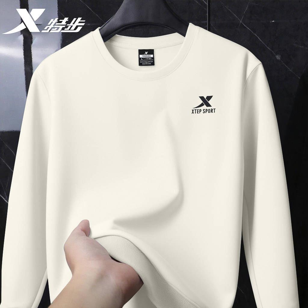 特步卫衣男士春秋2025新款圆领白色套头衫青少年学生运动长袖T恤
