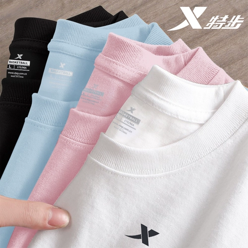 Xtep, хлопковая футболка, розовый цветной спортивный костюм, короткий рукав, осенняя, оверсайз, круглый воротник