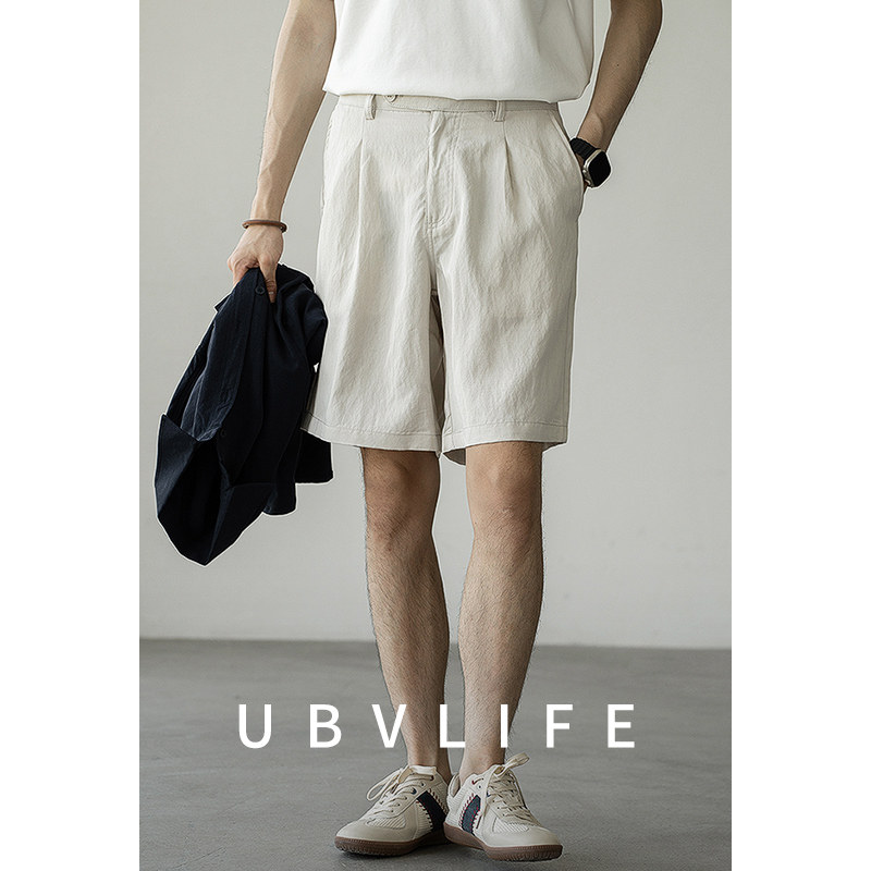 UBV日系透气天丝质感纯色短裤男2026夏季直筒裁剪运动休闲五分裤