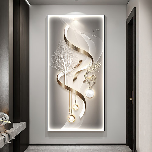 入户玄关装饰画现代简约轻奢高级感玄幻鹿发光走廊过道挂画带灯画