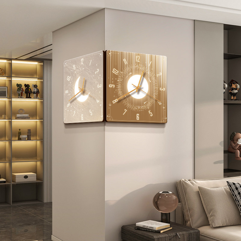 新款双面转角挂钟画轻奢客厅玄关创意拐角时钟画简约高级钟表壁画