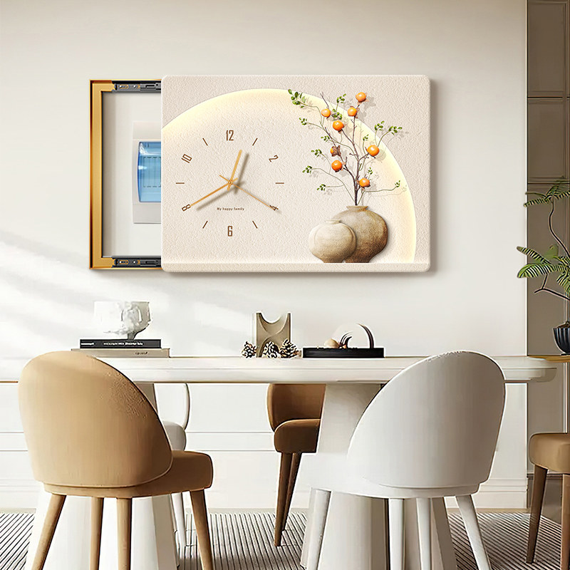 事事如意电表箱装饰画 画带钟表2025新款配电箱装饰遮挡挂画 画时