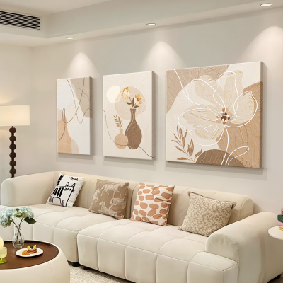 原木奶油风客厅装饰画2025新款莫兰迪艺术三联壁画沙发背景墙挂画